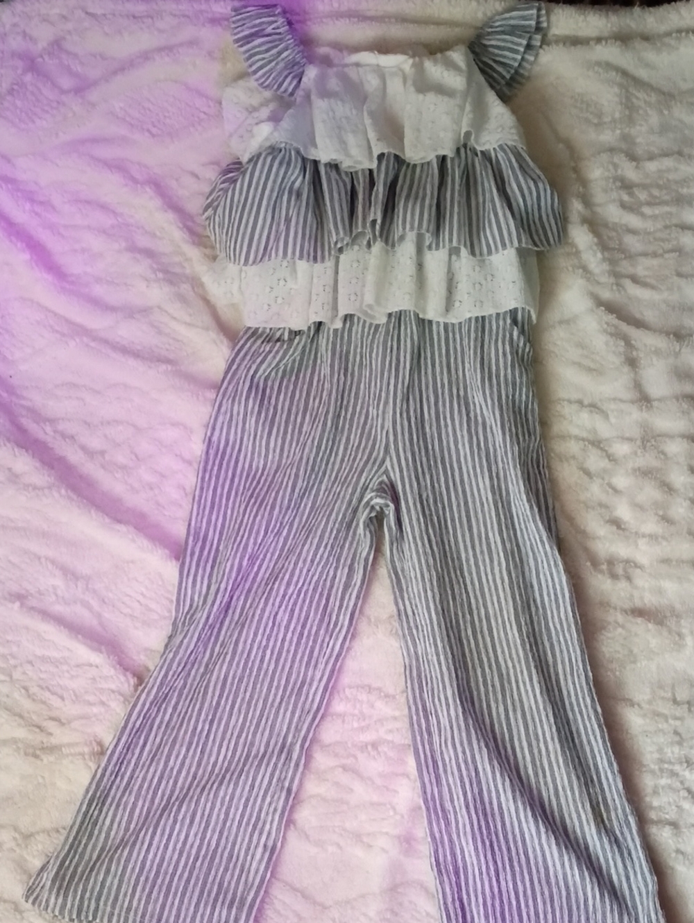 Tahari White and Gray Striped Ruffle Jumpsuit